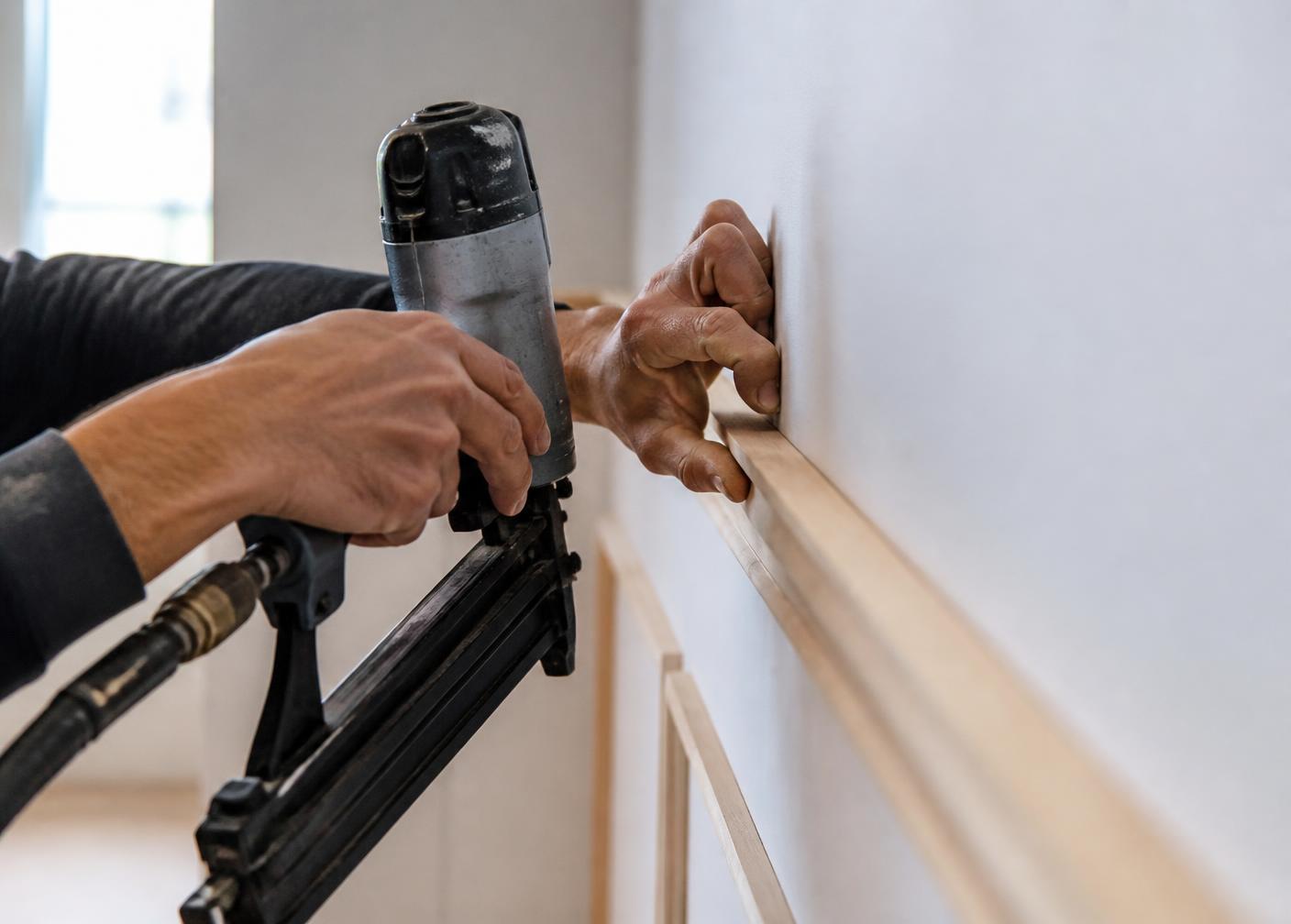 Contractor installing wood trim molding during an interior home improvement project